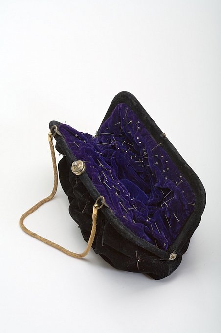 Compulsive Beauty,suede handbag with metal handle, velvet 
and stainless steel pins