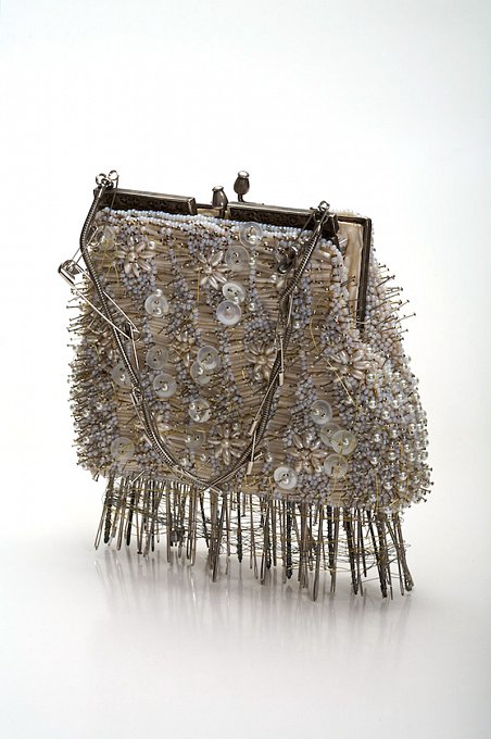 Trousseau,glass beaded evening bag, steel pins, 
sewing needles, wire, buttons