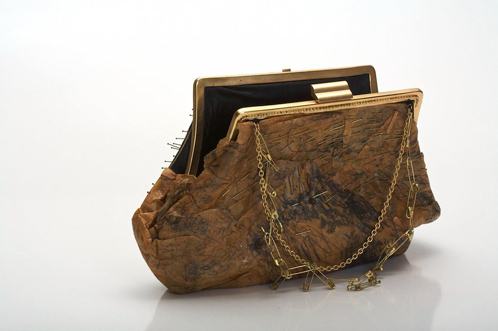 Veiled Beauty,fabric evening bag, rice paper treated with wax, brass pins, 
and a wax form covered with rice paper