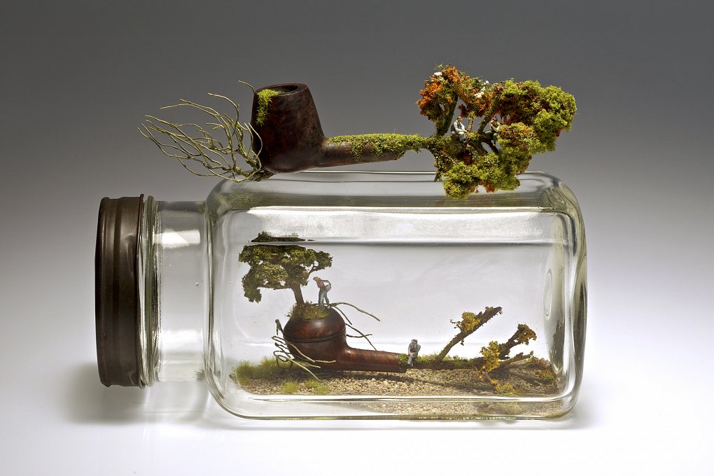 Revoke Smoke, Invoke Oak,mixed media assemblage in a glass jar