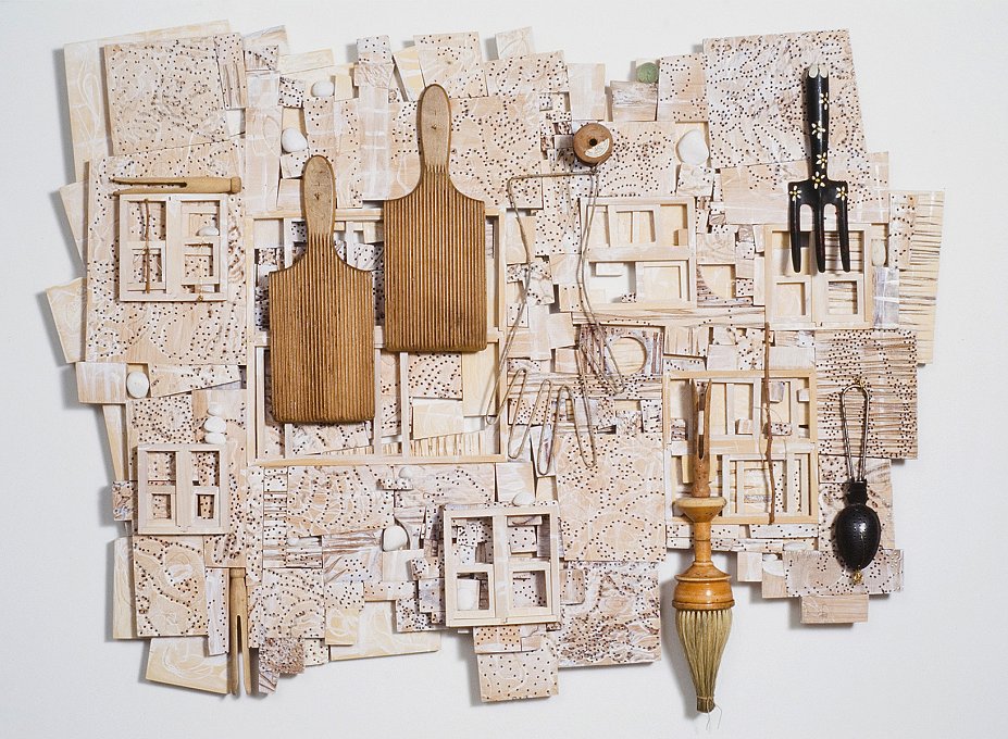 Knock At The Door,timber, brass, pebbles, found objects, metal, lime wash